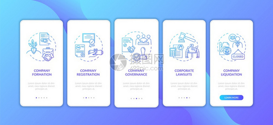 公司注册阶段在装有概念的移动应用程序页面屏幕上公司治理走过5步图形说明配有RGB颜色插图的UI矢量模板图片