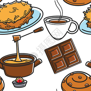 无缝模式瑞士传统烹饪食品罗丝蒂和奶酪面包巧克力和咖啡图片