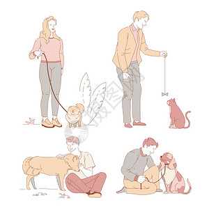 卡通可爱拥有狗或猫的人矢量插画图片