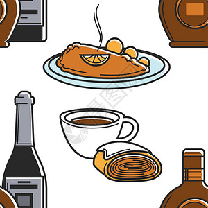 无缝模式奥地利烹饪饮料食品的沙司饼和巧克力卷咖啡图片