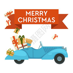 圣诞贺卡车和带礼物或的圣诞明信片图片