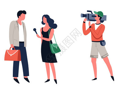 记者和操作员采访电视节目或新闻拍摄矢量电视主持人或记者和摄影用女公文包和路过录像节目对男子进行在线广播图片