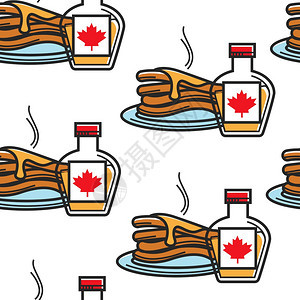 加拿大早餐煎饼配有糖浆瓶无缝模式图片