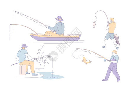 手绘在湖边穿上钓鱼的人图片