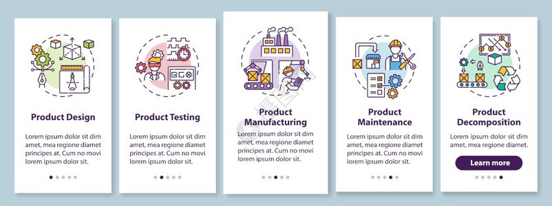 具有概念的移动应用程序页面屏幕上产品生命周期工业技术生产通过5步图形说明配有RGB颜色插图的UI矢量模板带有概念的移动应用程序屏图片