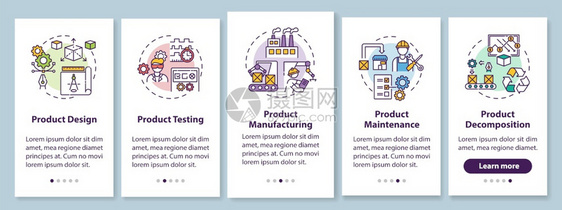 具有概念的移动应用程序页面屏幕上产品生命周期工业技术生产通过5步图形说明配有RGB颜色插图的UI矢量模板带有概念的移动应用程序屏图片