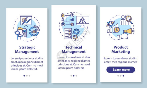 管理方类型带有概念的移动应用程序页面屏幕营销研究商业战略通过三步图形指示带有RGB彩色插图的UI矢量模板图片