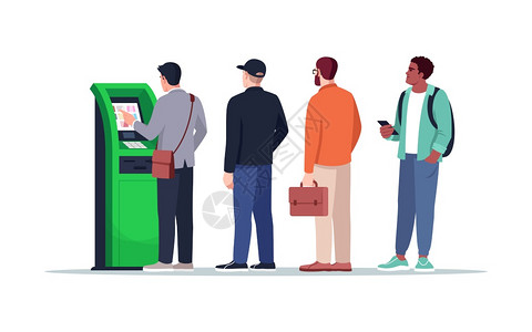 排队要用终端支付从kiosk提取现金银行客户在白色背景上孤立卡通字符