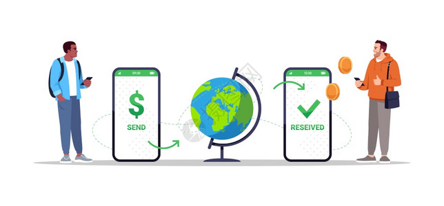 发送现金在线融业务带智能手机的客户在白色背景上孤立的卡通目标插画