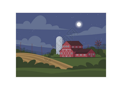 夜间半公寓式传病媒介说明当地生产态收获小麦种植园农场附近的山丘农村庄别墅场2D卡通商业用途景象图片