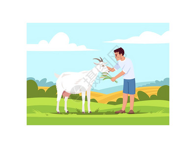 卡通男孩喂山羊矢量插画图片素材