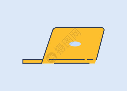 黄色笔记本电脑在蓝背景上的孤立卡通对象黄色笔记本电脑半平面RGB彩色矢量图个人自由职业者工作设备无线远程工作技术开放笔记本电脑在图片