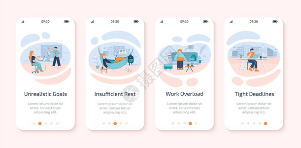 手机应用程序屏幕矢量模板上的商务问题工作困难计划不善和工作超负荷有平板字符的走过网站步骤智能手机卡通UXUIGUI图片