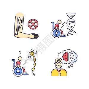 RGB残疾彩色图标设置肌肉萎缩慢遗传疾病轮椅瘫痪人脊髓损伤痴呆老人孤立的病媒图解残疾RGB颜色图标设置图片