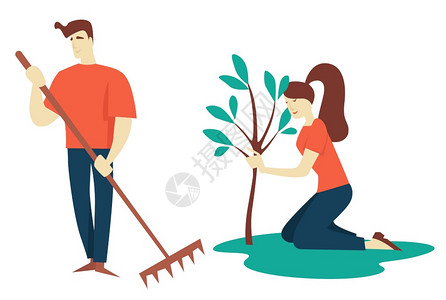 种植树木的男女矢量插画图片