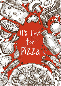 意大利食用比萨饼成分素描框架意大利奶酪和蘑菇培根洋葱番茄和辣椒橄榄油虾或刀烹饪饭图片