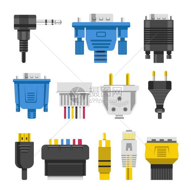 连接电缆和器通电缆和器通矢量音频或视适配器和插头孤立的以太网络端口HDMI和DVIRCA电器和技术设备连接金属和橡胶图片
