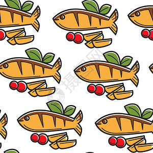 塞浦路斯烹饪的西红柿鱼和炸土豆无缝模式的病媒烹饪和的鲑鱼加尼和蔬菜无尽的质地食品和餐饮厅菜单壁纸印刷品图片