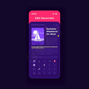 文件查看和编辑智能手机界面矢量模板移动应用程序页面黑主题设计布局用于笔记写应程序的平面UI文章和书籍阅读屏幕电话显示文件查看和编图片