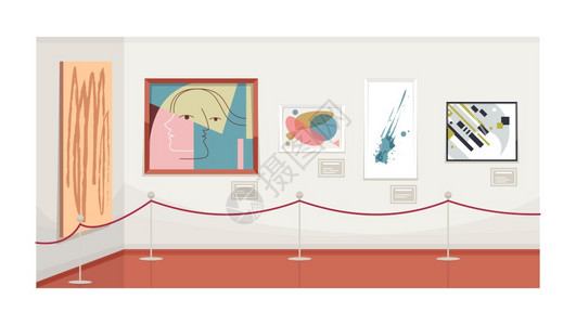 现代艺术画廊半平面矢量图空当代博物馆美术展览室图片挂在墙2D卡通画上供商业使用的绘画现代艺术廊半平面矢量图图片