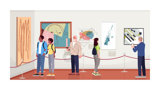 参加当代艺术画廊的人们半平板矢量图一起观看展览收集拍摄绘画艺术博物馆访问者2D卡通人物供商业使用图片
