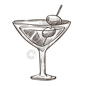 卡通黑白复古酒杯里的鸡尾酒矢量元素图片