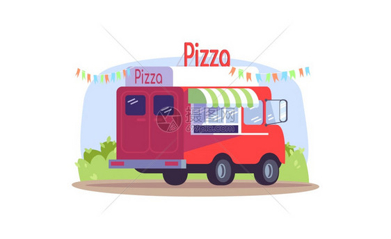 街头食品运输披萨卡车矢量插画图片