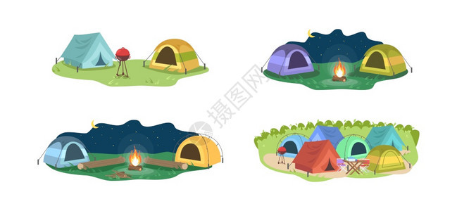 营火附近的帐篷矢量插画图片