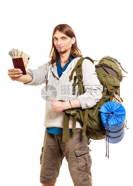 旅行客背包暑假旅行孤立于白人背景旅行客包和护照图片