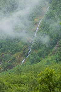 山上瀑布雾雨日美丽的绿色夏季风景旅行和游山地雾日挪威的瀑布图片