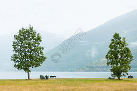 在欧洲弗拉姆挪威Fjord山附近的平面板和长凳雾日挪威fjord附近的平面板和长凳挪威Fjord附近的平面板和长椅图片