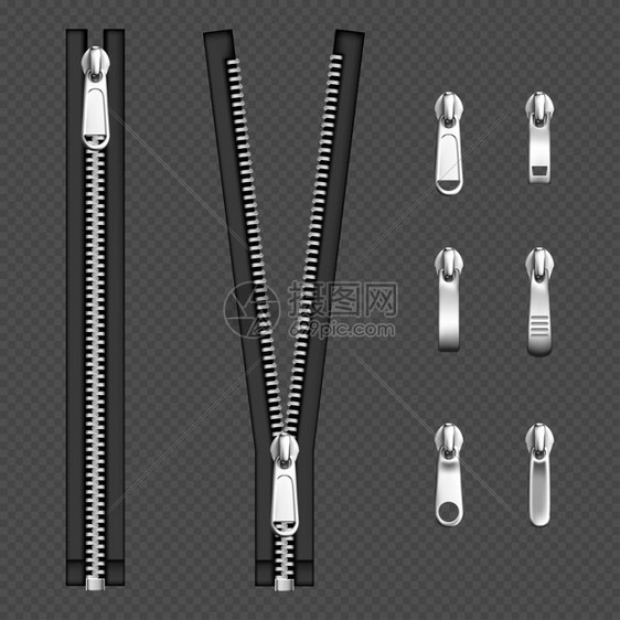 金属拉链固定装置银拉链有不同形状的拉链和开放或封闭的黑色纤维带衣物硬件在透明背景上隔离现实3d矢量插图设置图片