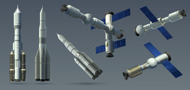 3D号空间火箭现实的3D号空间飞船和站的收集自动卫星和行际站模拟型矢量说明重火箭和空间模块在灰色空间火箭现实的3D号空间飞船和站图片