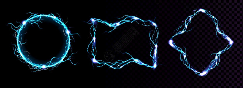闪电框架动蓝雷击边界魔法门户能源打击在黑色和透明的背景中隔绝强电放喷雾现实的3d矢量图闪电框架雷击边界图片