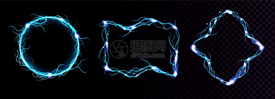 闪电框架动蓝雷击边界魔法门户能源打击在黑色和透明的背景中隔绝强电放喷雾现实的3d矢量图闪电框架雷击边界图片