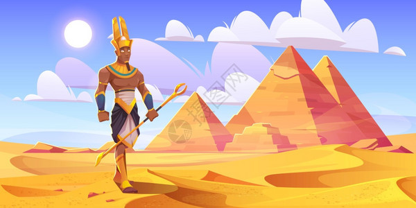 古埃及神阿蒙在有金字塔的沙漠中矢量插画图片