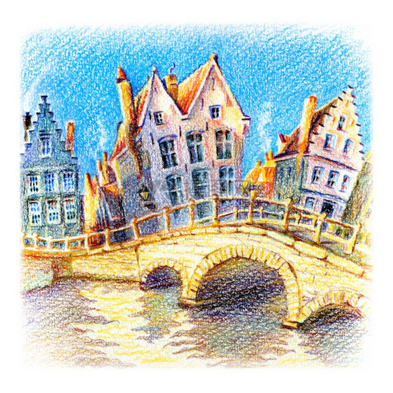 比利时日落布鲁斯运河与桥和美丽的中世纪房屋城市草图用彩色铅笔绘画比利时布鲁日斯运河与桥比利时图片