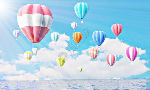 热气球背景蓝色天空背景的海洋美丽的阳光照海面和白云上的热气球背景