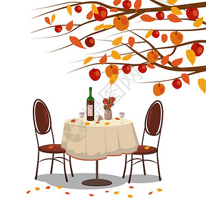 秋天的咖啡厅桌椅卡通矢量插画图片