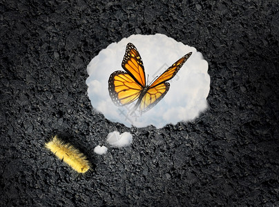 雄心壮志的概念和抱负思想是毛虫梦成为一只蝴蝶作种成就和对未来功象征的希望并附有3D插图要素图片
