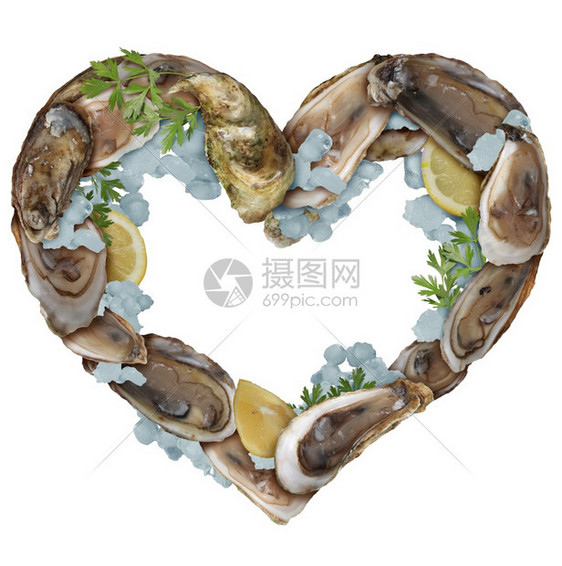 牡蛎爱的像一群壳柠檬片和冰是美食白底孤立的春药图片