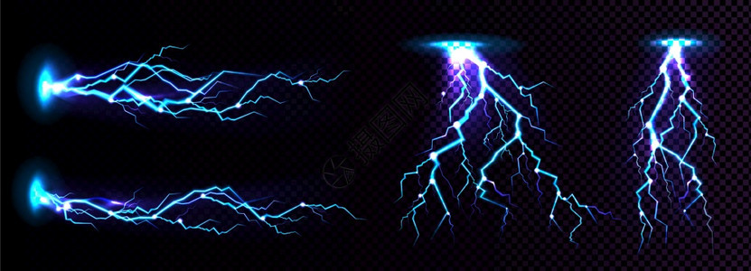 电闪撞击地点等离子体或魔法能量闪光颜色为蓝与黑背景隔绝强电放现实的三维矢量说明电闪撞击地点图片