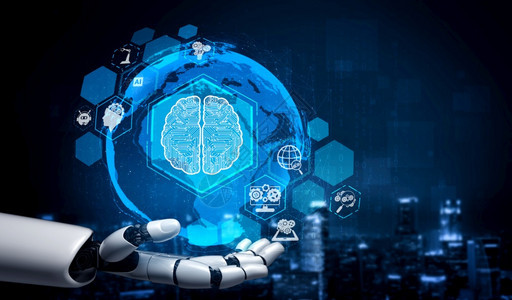 3D进行人工智能AI机器人和开发研究为生活者的未来服务数字据挖掘和计算机大脑的器学习技术设计背景图片