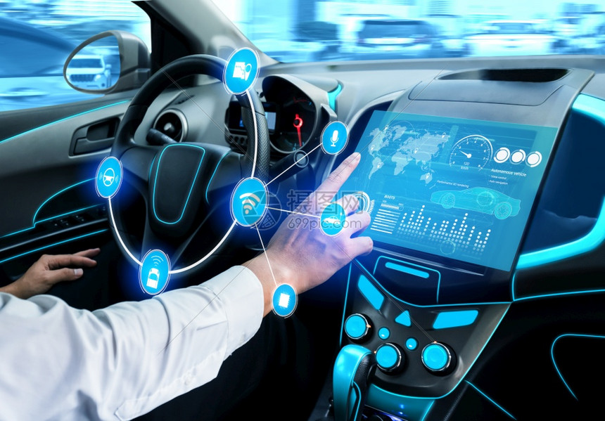 驾驶舱HUD技术内部使用AI人工智能传感器驾驶无人的汽车图片