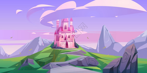 粉红魔法城堡公主或仙女宫山顶有塔岩石路通向大门和天上的银云幻想堡垒中世纪建筑卡通矢量图粉红魔法城堡公主或岩石上的仙宫图片