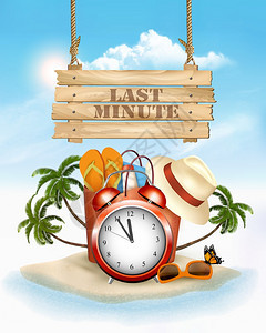 最后一分钟暑假背景热带海滩的闹钟矢量插画图片