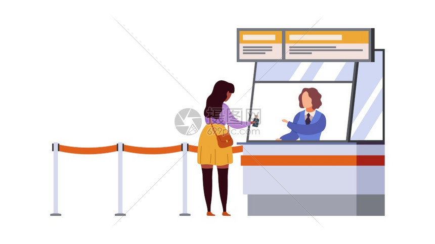 妇女旅行登记机场终点站空中飞行检查票和文件旅客登记册携带行李的候飞机离境旅行者及现代扁卡通矢量概念空中飞行检查图片