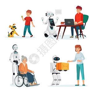机器人在不同情况下与人互动病媒情报助手和信使宠物狗计算机插图器人与不同情况下的人互动图片