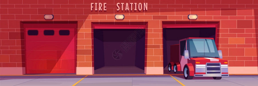 砖红应急部门消防车闭门和开砖墙卡通矢量插图插画