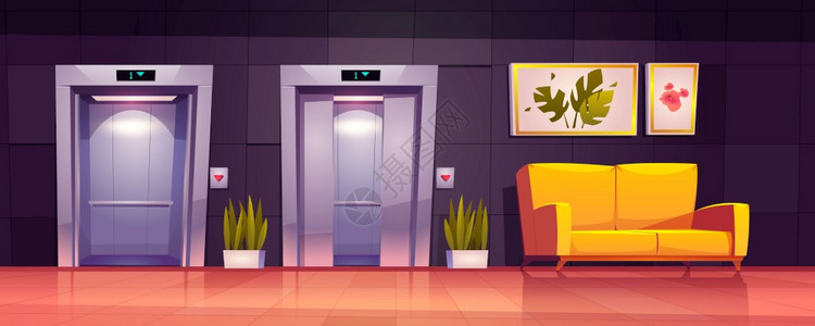 空走廊内有开放的电梯门黄色沙发和植物豪华办公大厅旅馆或有电梯和沙发的等候区矢量漫画插图空走廊内有电梯和沙发图片